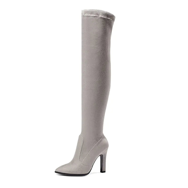 Women’s Suede High Boots – Pointed Toe & Chunky Heel
