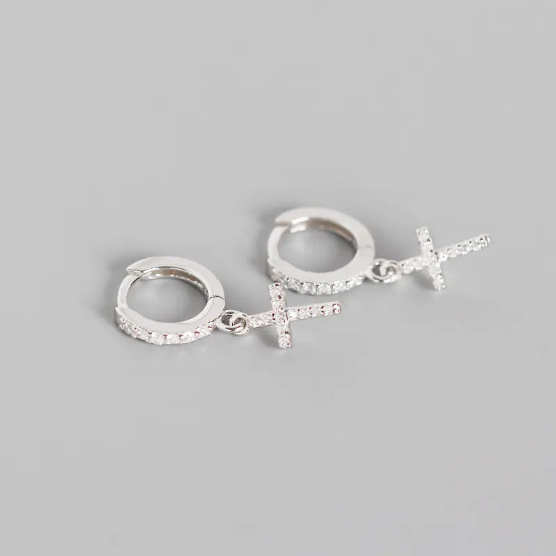 S925 Silver Geometric Cross Diamond Hoop Earrings