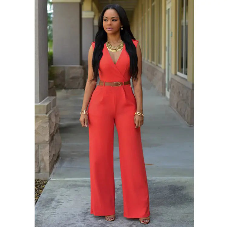 High-Waisted V-Neck Wide-Leg Pants with Belt Set