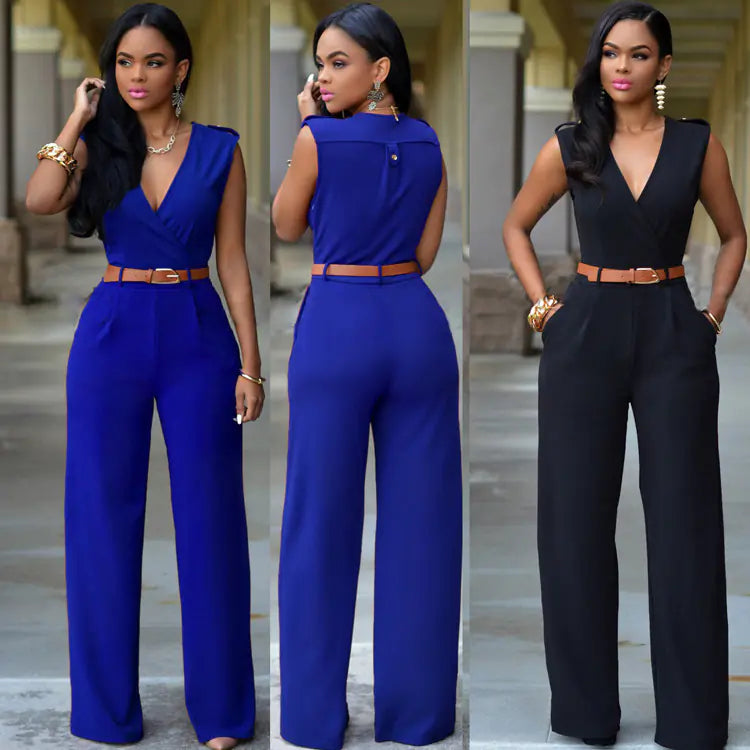 High-Waisted V-Neck Wide-Leg Pants with Belt Set