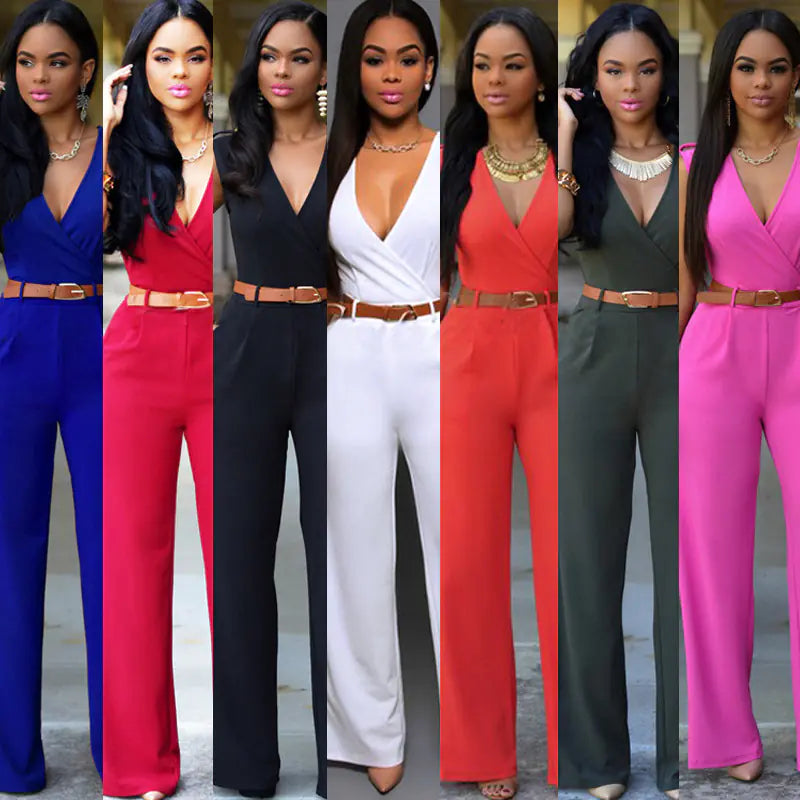 High-Waisted V-Neck Wide-Leg Pants with Belt Set