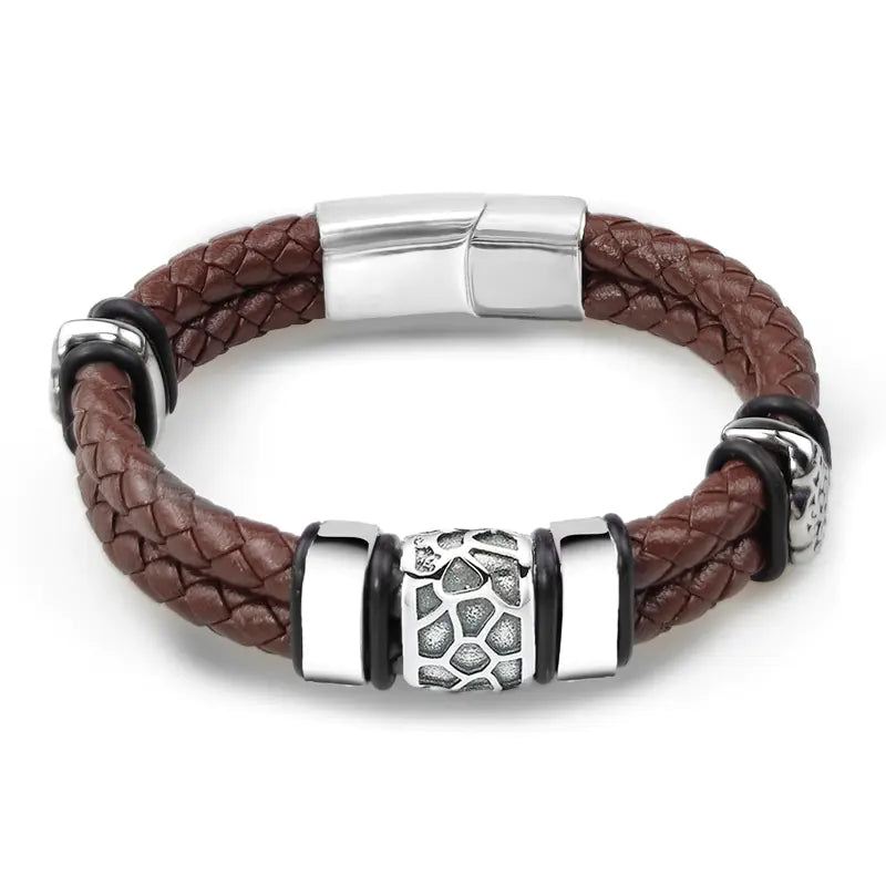 Men's Vintage Genuine Leather & Stainless Steel Bracelet