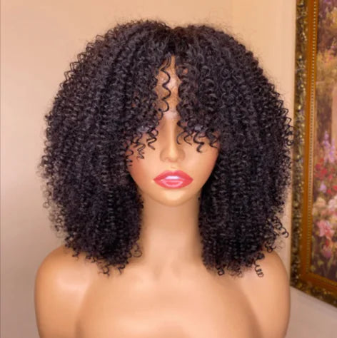 Kinky Curly Human Hair Pruik mit Pony – 100 % Echthaar