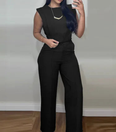 Short Top & Straight-Leg Pants Casual Women's Suit