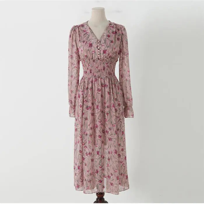 Sweet V-Neck Long Sleeve Floral Chiffon Dress