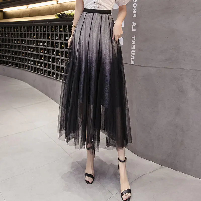 Gradient Tulle Midi Skirt, High-Waisted Flowing Design