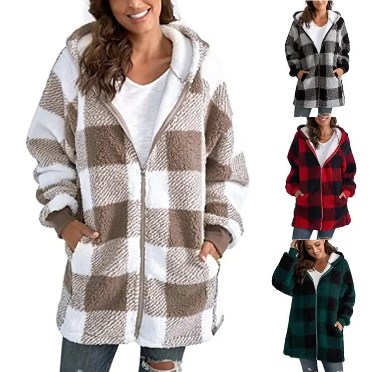 Plaid Long Sleeve Plush Women's Coat - European & American