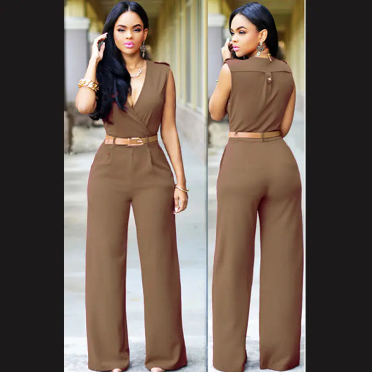 High-Waisted V-Neck Wide-Leg Pants with Belt Set
