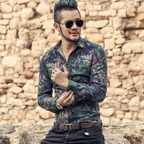 Floral Long Sleeve Shirt, Slim Fit Casual Top