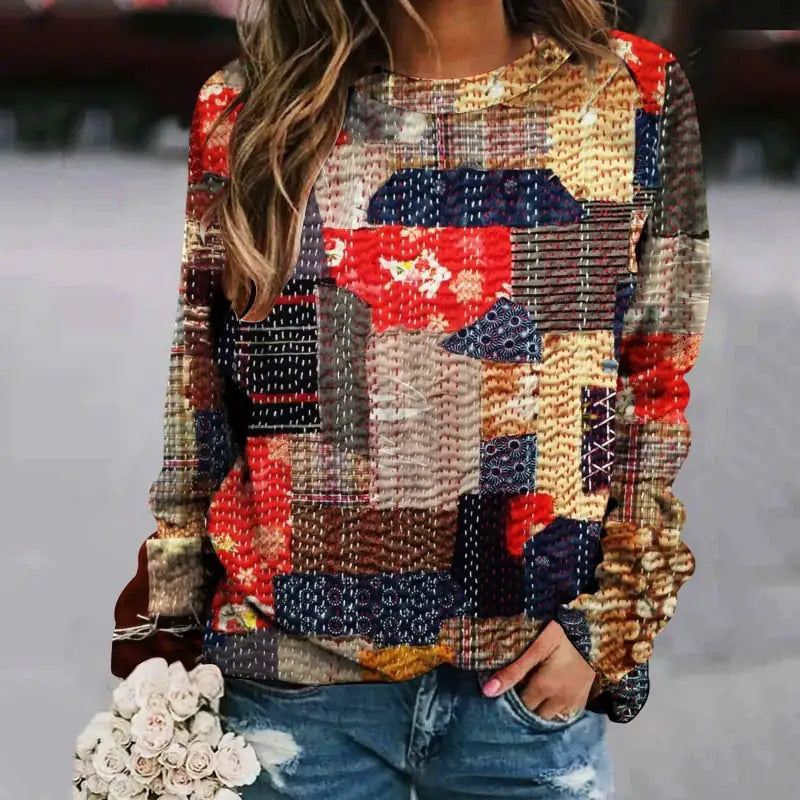 Printed Patchwork Round Neck Long Sleeve Women's Sweater