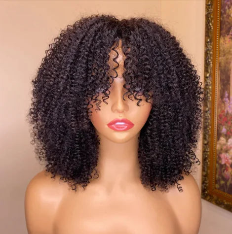 Kinky Curly Human Hair Pruik mit Pony – 100 % Echthaar