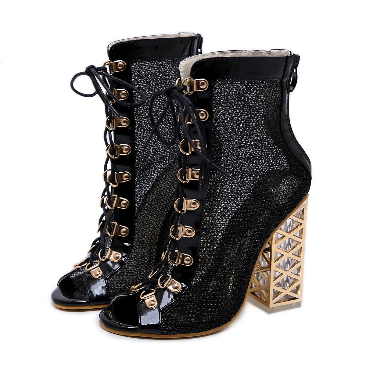 Crystal Chunky Heel Open-Toe Sandals with Cross Straps