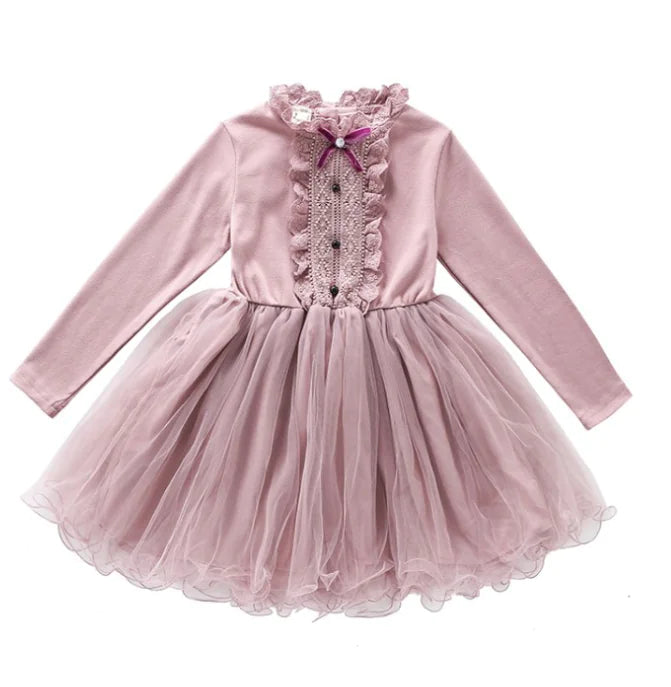 New Spring Long Sleeve Princess Lace Dress for Girls