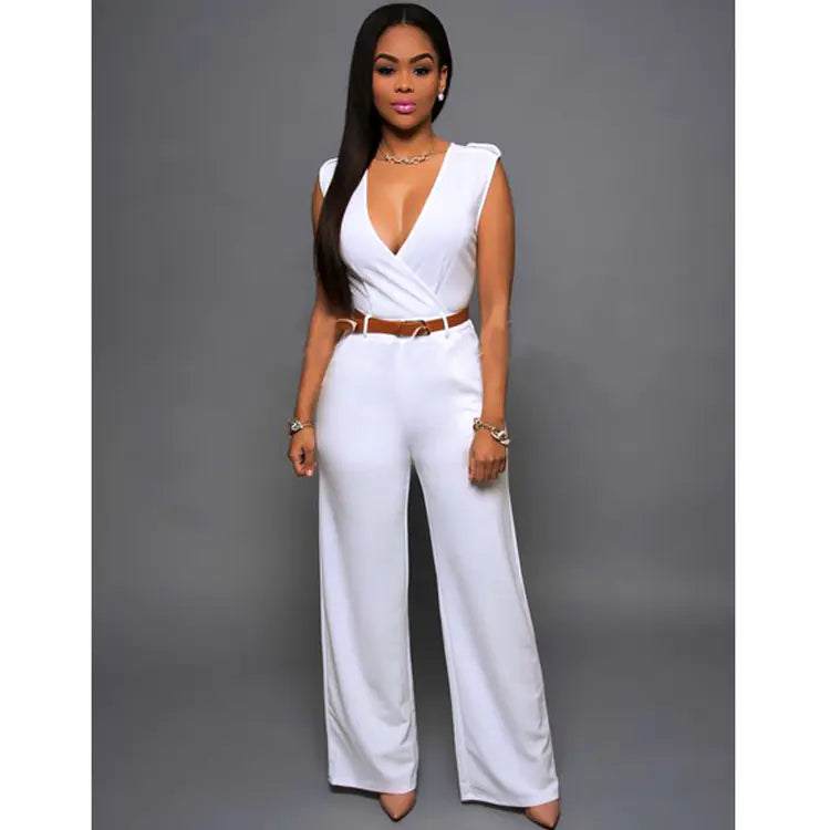 High-Waisted V-Neck Wide-Leg Pants with Belt Set