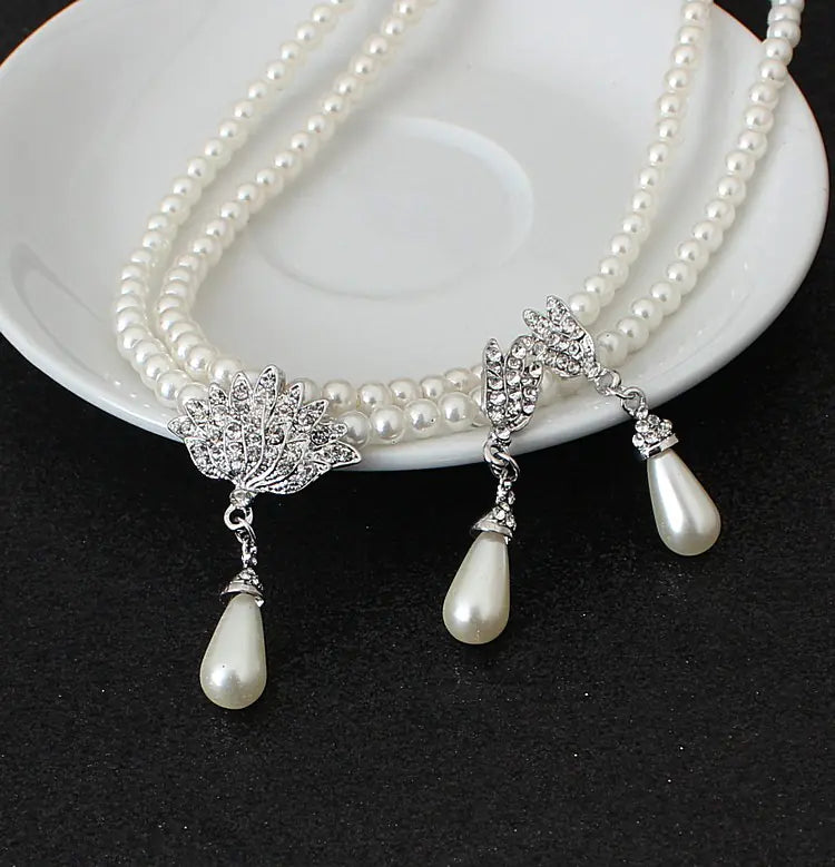 Bridal Pearl Crystal Necklace and Earring Set