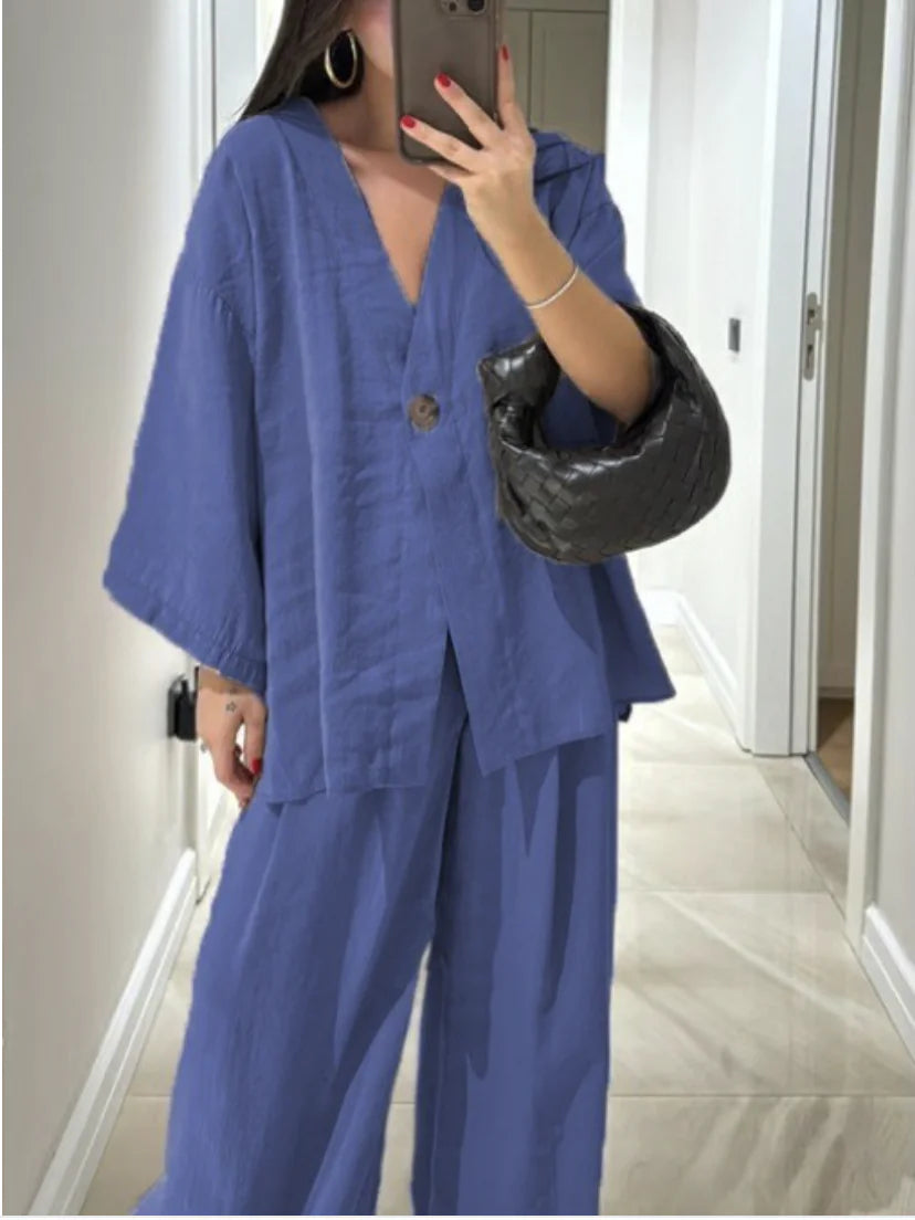 Women's V-Neck Wide Leg Pants Set