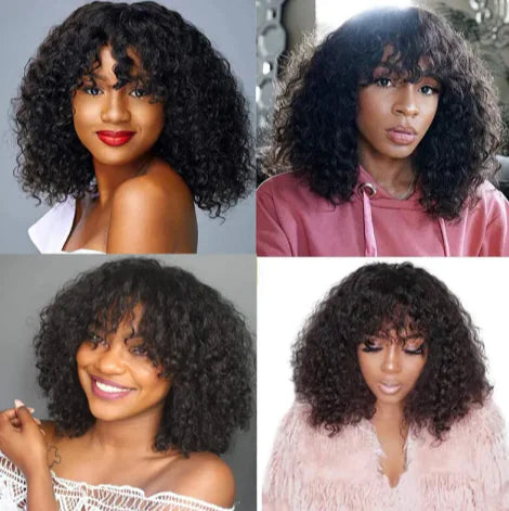 Kinky Curly Human Hair Pruik mit Pony – 100 % Echthaar