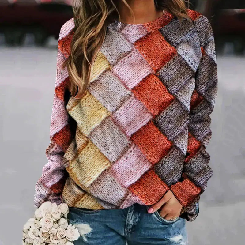 Printed Patchwork Round Neck Long Sleeve Women's Sweater