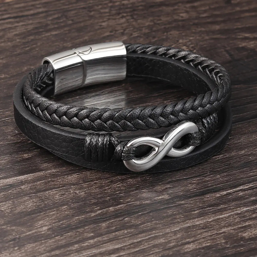 Genuine Leather Braided Men's Bracelet with Steel Accent