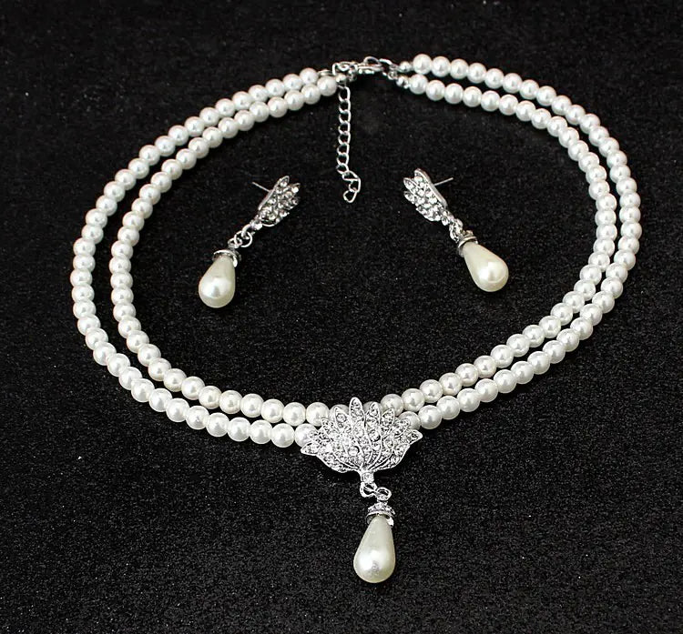 Bridal Pearl Crystal Necklace and Earring Set