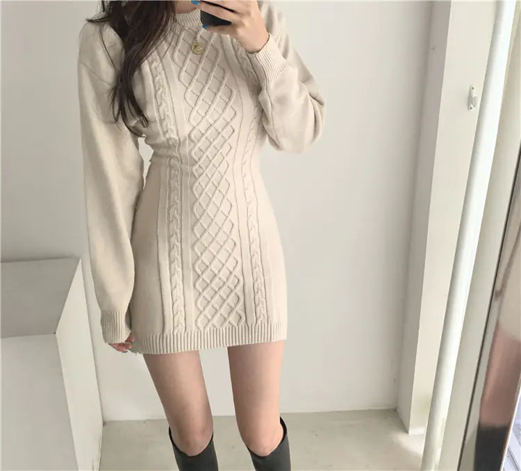 Korean Style Autumn Winter Diamond Knit Bodycon Dress