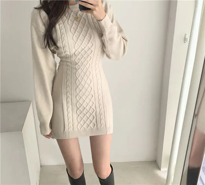 Korean Style Autumn Winter Diamond Knit Bodycon Dress