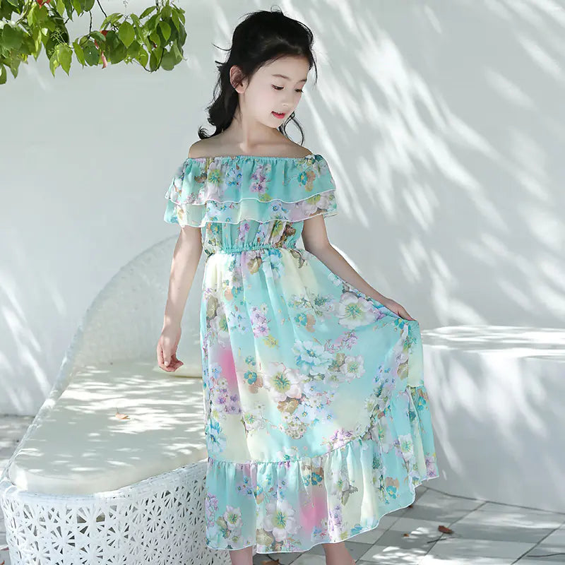 Thai Style Beach Dress for Girls - Summer Floral Chiffon sizes ranging from 120cm to 160cm