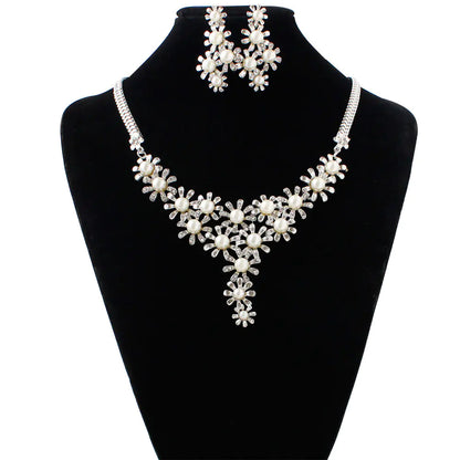 Luxury Floral Pearl and Rhinestone Bridal Necklace Set