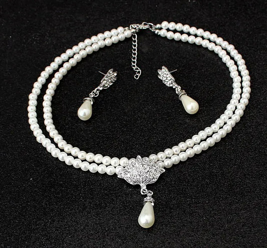 Bridal Pearl Crystal Necklace and Earring Set