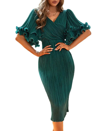 New Women's Green Dress with Flared Sleeves Design sizes from S to XL