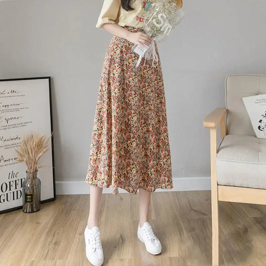 High Waist Chiffon Daisy A-line Mid-length Dress