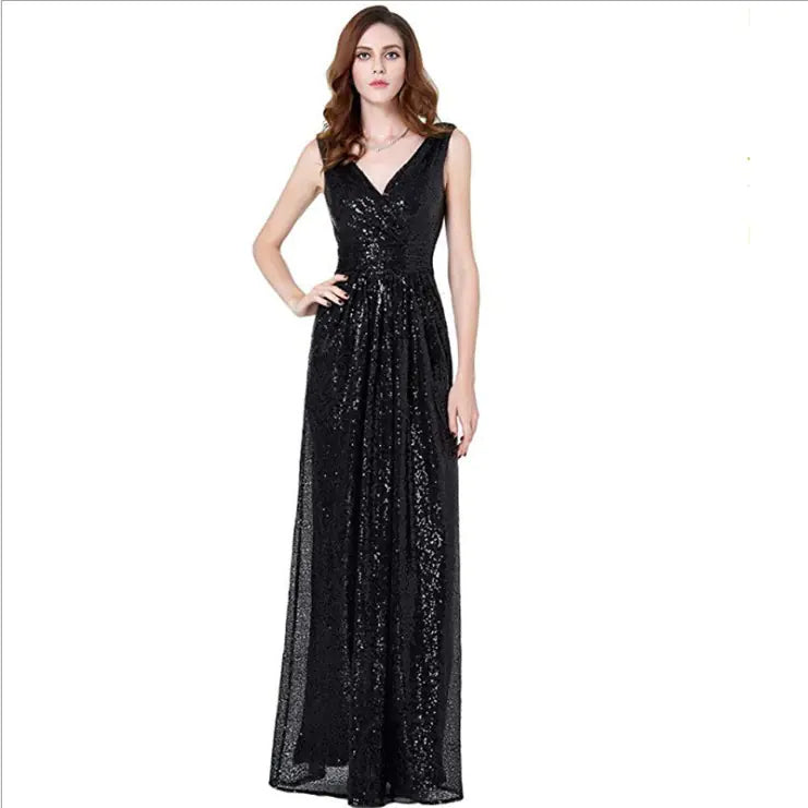 V-neck Slimming Long Sequin Evening Dress