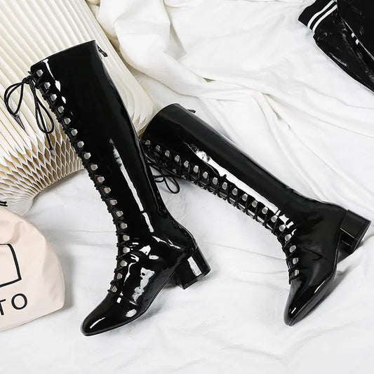 Mirror Patent Leather Silver Mid-Calf Chunky Heel Boots