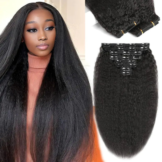 Clip in Hair Extensions Real Human Hair Kinky Straight Clip ins Clip in Hair Extensions Black Women 16 Inch 10A Brazilian Seamless Clip in Hair Extensions Human Hair Natural Color 8PCS