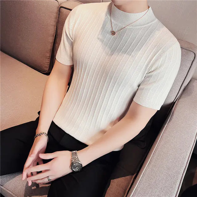Men's High Collar Slim Fit Striped Knit Shirt Set sizes from M to XXXXL