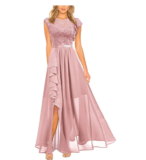 Elegant Long Cocktail Dress with Lace and Chiffon