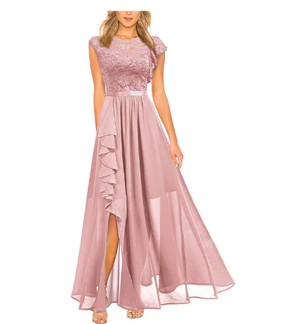 Elegant Long Cocktail Dress with Lace and Chiffon