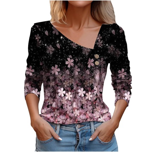 Women's Long Sleeve V-Neck Sunflower Print Top