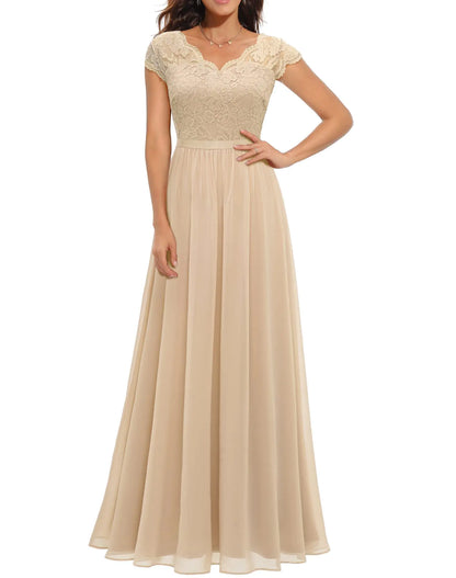 Lace Edge Chiffon Patchwork Long Dress sizes S, M, L, and XL