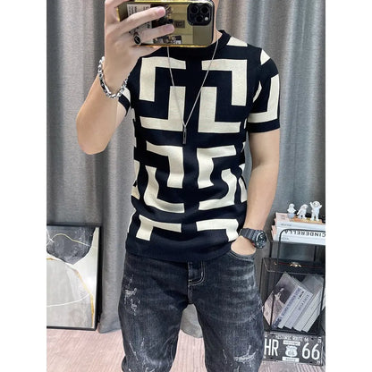 Men's Knitted Short Sleeve T-Shirt - Slim Fit Sweater