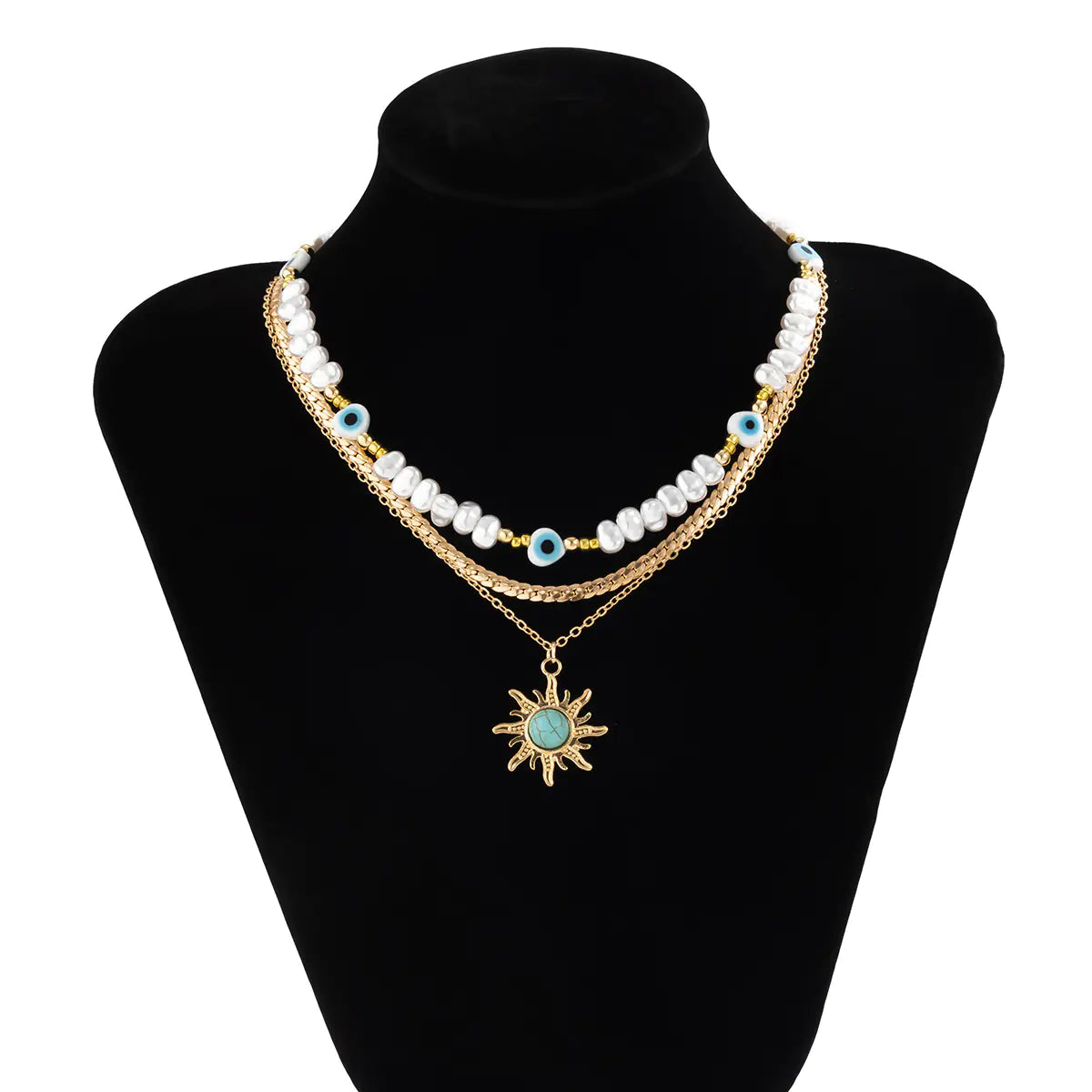 3pcs Vintage Baroque Pearl Sun Pendant Necklace Set