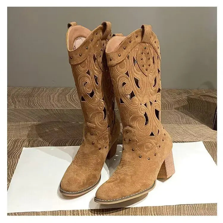 Western Cowboy Boots with Chunky Heel and Embroidery