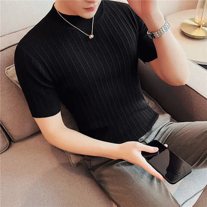 Men's High Collar Slim Fit Striped Knit Shirt Set sizes from M to XXXXL
