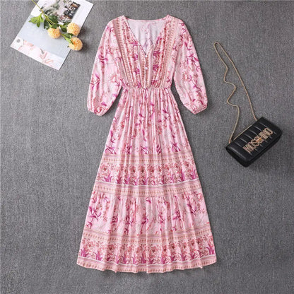V-neck High Waist Bohemian Mid-length A-line Dress