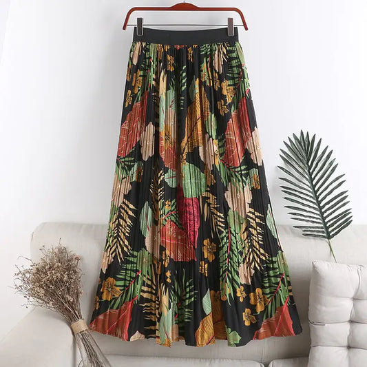 High Waist Floral A-line Chiffon Pleated Skirt