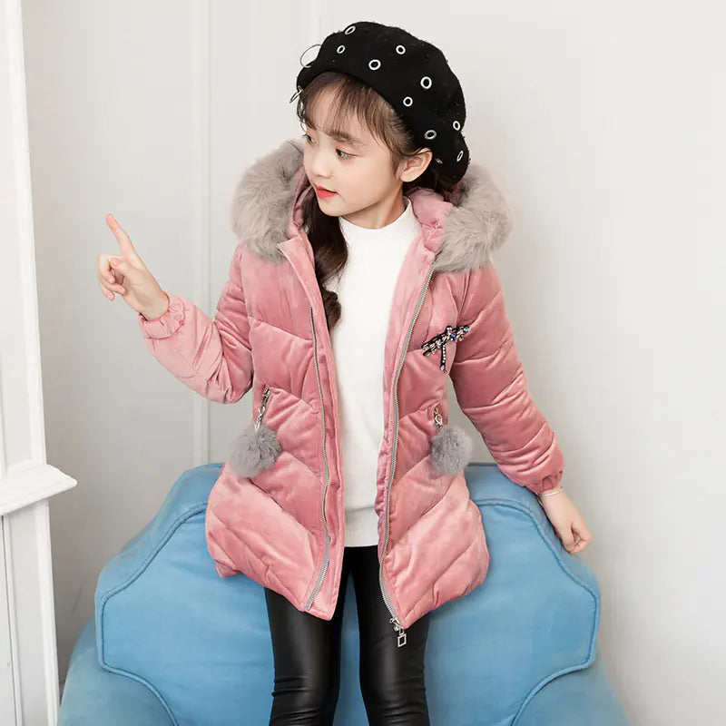 Thickened Mid-length Girl's Cotton-Padded Jacket with Fur Collar – Gratis Wereldwijde Verzending
