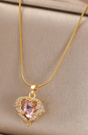18K Gold Plated Necklace with Pink Heart and Rhinestones
