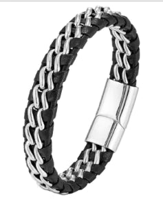 Men's Leather and Steel Bracelet - Genuine (One Piece)