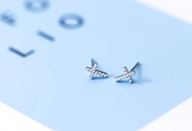 S925 Silver Minimalist Cross Stud Earrings with Diamonds