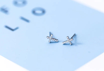 S925 Silver Minimalist Cross Stud Earrings with Diamonds